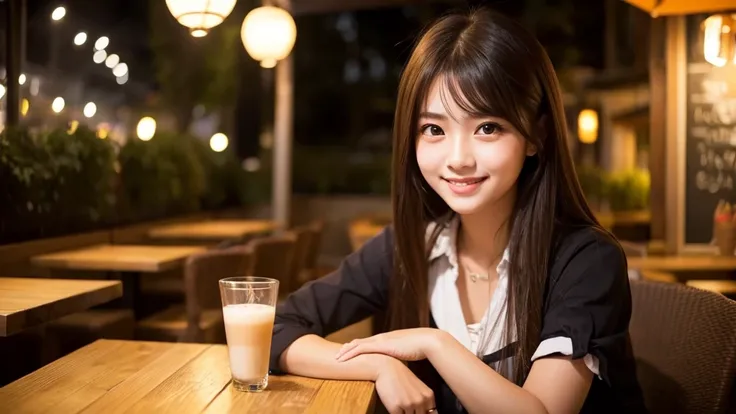 Cute girl working at a cafe terrace　Japanese　１９age　
Professional Lighting　Digital SLR　Beautiful and elaborate face　Perfect and beautiful face　Big eyes Smile