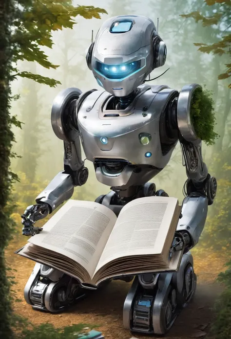 
a robot leafing through a book and teaching a 