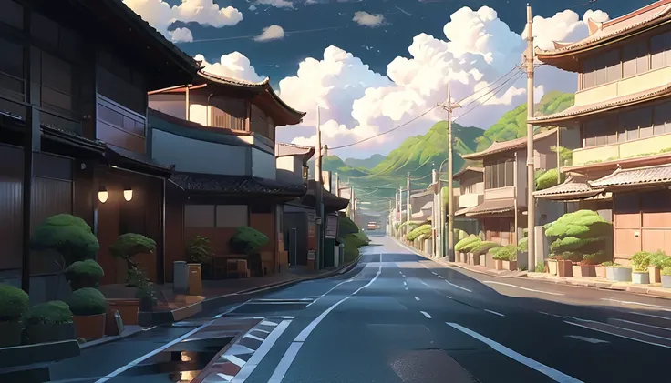 Generate a lofi anime style illustration of a deserted street with cloudy weather and relaxing atmosphere, with realistic details and professional aesthetics.