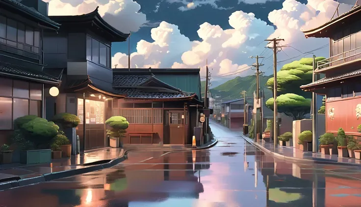 generate a lofi anime style illustration of a deserted street with cloudy weather and relaxing atmosphere, with realistic detail...