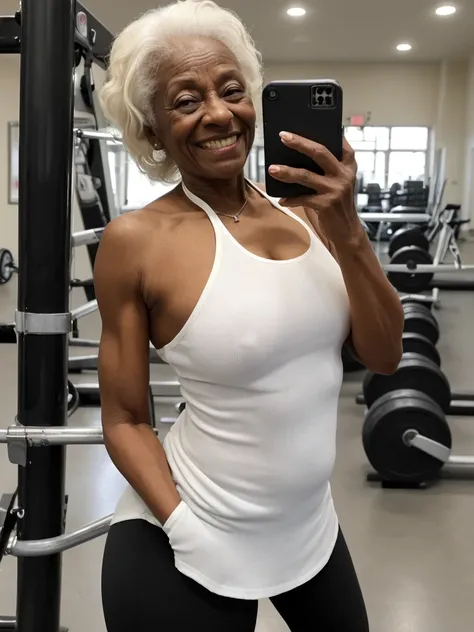 Androeda, solo, realistic, black girl, ((85-year-old girl)), ((mature)), ((old woman)), ((wrinkled woman)), african american old woman, old black woman, dark-skinned, (((upper body only))), ((at the gymnasium)), ((selfie shot)), smiling, wearing attractive...