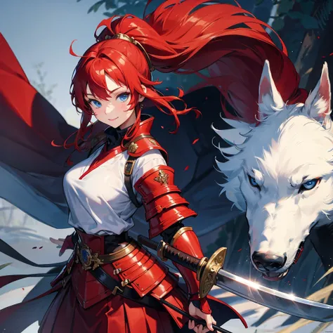 （masterpiece）、18-year-old beauty girl knight in red armor、Red hair in a ponytail、blue eyes、An inappropriate smile、Holding a Japanese sword、With a big wolf by her side