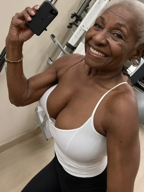 Androeda, solo, realistic, black girl, ((85-year-old girl)), ((mature)), ((old woman)), ((wrinkled woman)), african american old woman, old black woman, dark-skinned, (((upper body only))), ((at the gymnasium)), ((selfie shot)), smiling, wearing attractive...