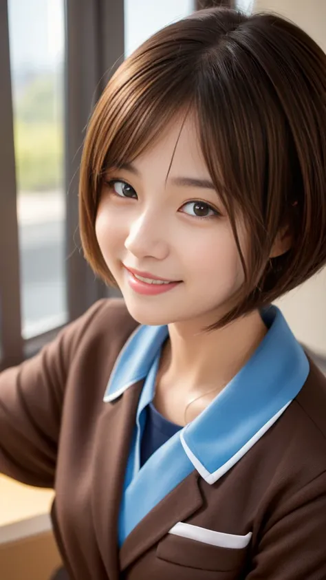 Highest quality,masterpiece:1.3,Ultra-high resolution),(Very detailed,Caustics,8K),(Realistic:1.4,RAW shooting),Wearing a high school uniform、Chinese Girl,smile,18-year-old,Little brown hair color、Chinese eyes、Short Bob Haircut,Looking into the camera,Scho...