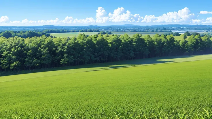 an open field with some trees and a clear sky, manga style, black and white