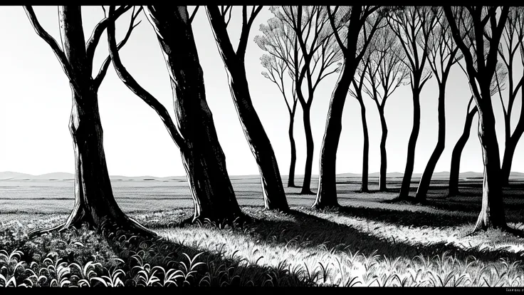 an open field with some trees and a clear sky, manga style, black and white