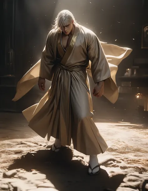 a powerfully muscular young man, short white hair, faded white eyes, gold-colored kāṣāya garment over black yukata robes, white tabi socks, zōri sandals, detailed facial features, imposing presence, masterpiece, highly detailed, photorealistic, 8k, cinemat...