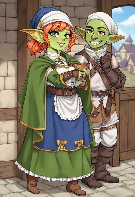 A charming male goblin with green skin and a huge smile. Medieval, cartoon, comical