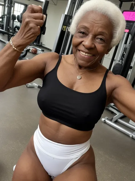 Androeda, solo, realistic, black girl, ((85-year-old girl)), ((mature)), ((old woman)), ((wrinkled woman)), african american old woman, old black woman, dark-skinned, (((upper body only))), ((at the gymnasium)), ((selfie shot)), smiling, wearing attractive...