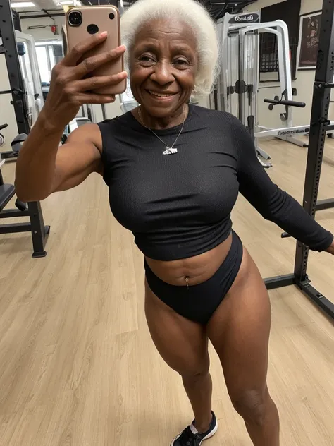 Androeda, solo, realistic, black girl, ((85-year-old girl)), ((mature)), ((old woman)), ((wrinkled woman)), african american old woman, old black woman, dark-skinned, (((upper body only))), ((at the gymnasium)), ((selfie shot)), smiling, wearing attractive...