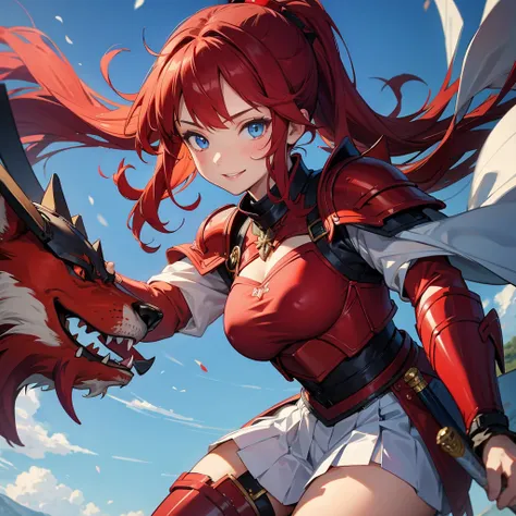 （masterpiece）、18-year-old beauty girl knight in red armor、Red hair in a ponytail、blue eyes、An inappropriate smile、Holding a Japanese sword、With a big wolf by her side