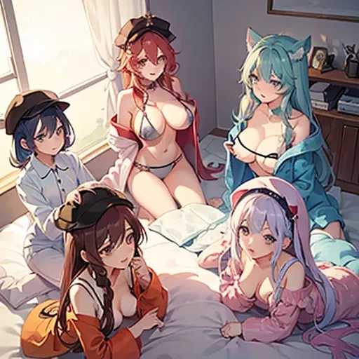 Make a harem of 4 girls wearing hats with different hair colors and wearing pajamas and showing their nipples 