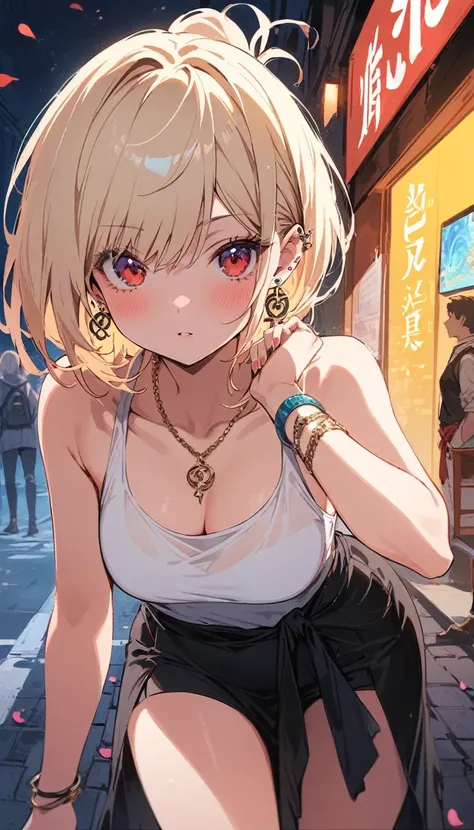 masterpiece, best quality, whole body, a girl, blue eyes bangs, black necklace, blush, bracelet, chest, necklace, clothes surrou...