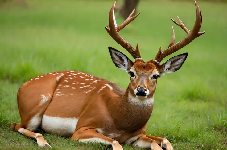 A deer lying in the grass, 两只Pointed ears, Imperial posture, deer ears, Slightly buck teeth, Big Horn, long Pointed ears, deer portrait, with Pointed ears, Horns on the head, 苍白的Pointed ears, Young male, big ear, Peaceful Expression, Corners under cheeks, ...