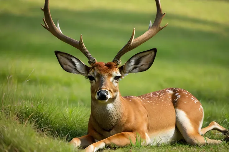 a deer lying in the grass, 两只pointed ears, imperial posture, deer ears, slightly buck teeth, big horn, long pointed ears, deer p...