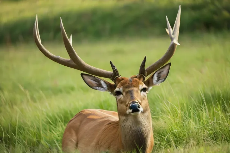 a deer lying in the grass, 两只pointed ears, imperial posture, deer ears, slightly buck teeth, big horn, long pointed ears, deer p...