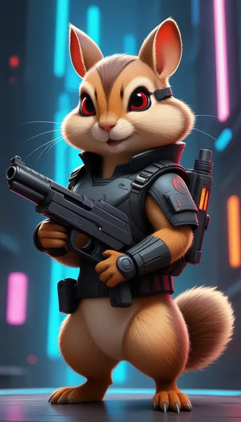 ASCIImasterpiece Comic 2 (((Cyberpunk))) Chipmunk with a gun, bionic (Prosthesis), Glittering red eyes, ((Futuristic, Dystopia, Neon Colors)), symmetry, Very detailed, number, Art Station, Concept Art, Clear focus, illustration, Volumetric Lighting, Epic C...