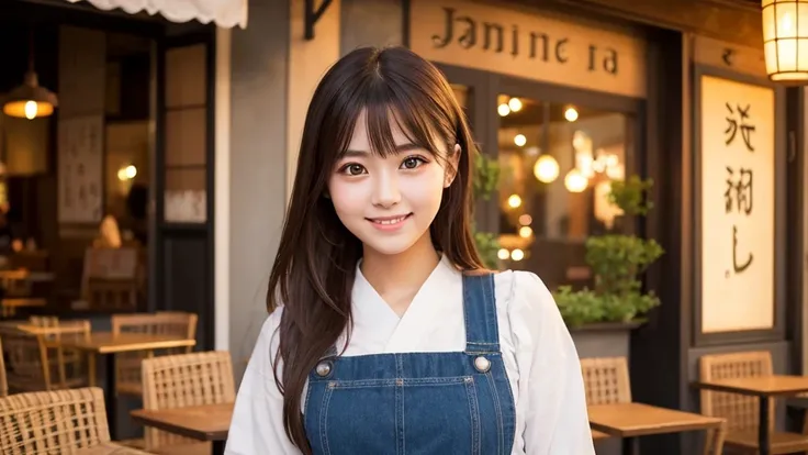 Cute girl working at a cafe terrace　Japanese　１９age　
Professional Lighting　Digital SLR　Beautiful and elaborate face　Perfect and beautiful face　Big eyes Smile