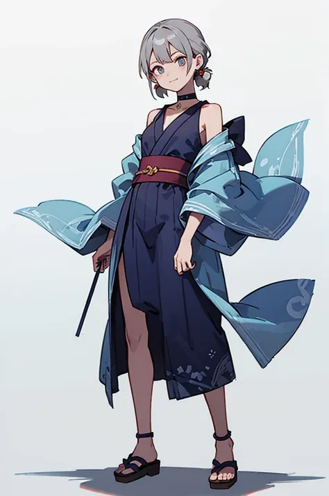 Blue Yukata、Gray Hair、Mischievous face、Choker on neck、Big earrings、Arms crossed、Only the mouth is smiling、Straw sandals、Choker on right leg、Shoulders are out(whole body、Are standing、、White background)