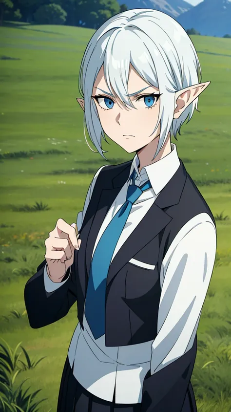 1girl ,solo,20s,mature female,serious face,short hair,elf ears,(grass),shirt,black standard tie,blue blazer,long sleeves, black pleated skirt,(upper body),frosty white Skin , Icy white hair ,Glacial blue eyes,((spiked hair))