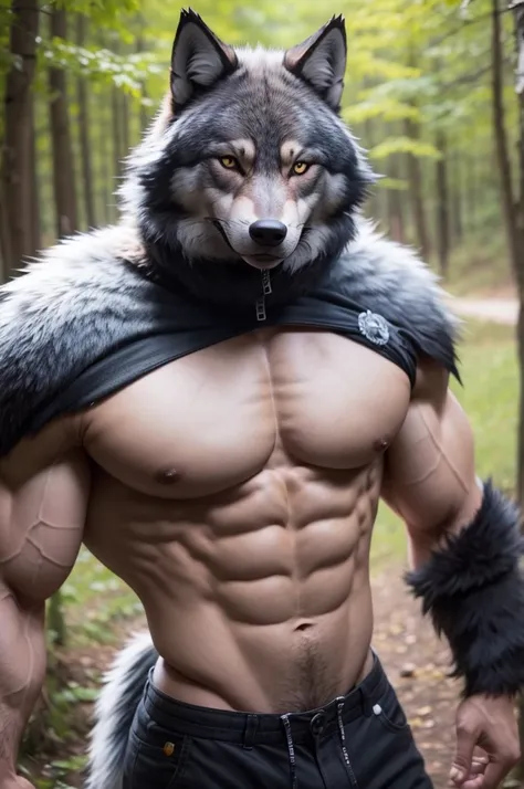 An adult, muscular male wolf fursuit alone outdoors ...