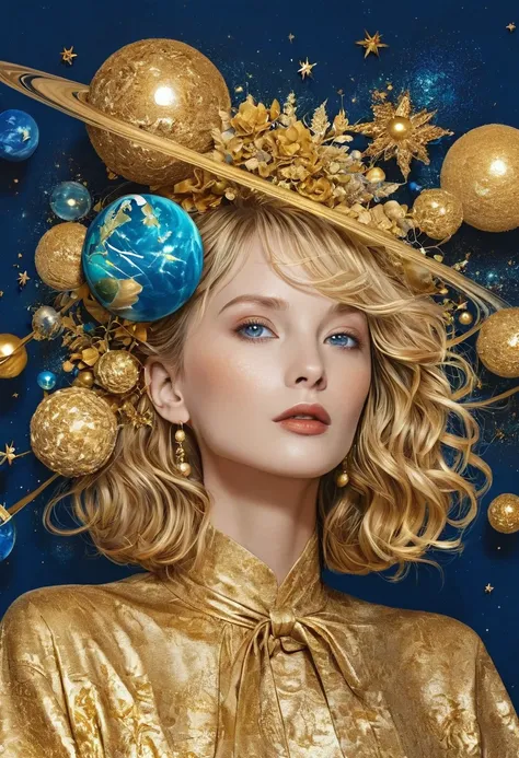 illustration，illustration，Golden Woman Portrait，Hair Bunch，Blue Background，Planet Decoration，Artistic Creativity:1.37