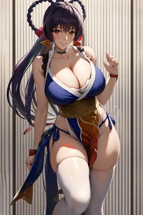 masterpiece, best quality, beautiful art, high resolution, well formed hands, body and fingers, 1 woman, solo, Xiangling, hair ornament,  adult, grown up, big breasted, cleavage,  full body, braided long hair, blue_japanese_clothes, wearing DOA Kasumis blu...