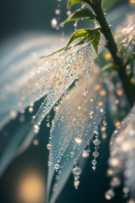 a close up of a plant with water droplets on it, a macro photograph by marie bashkirtseff, flickr, pointillism, bokeh. iridescen...