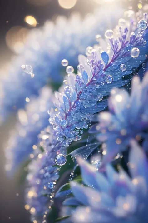 a close up of a plant with water droplets on it, bokeh. iridescent accents, very ethereal, ethereal!!!!!!!, lovely bokeh, incredibly ethereal, ethereal!!!, glittering and soft, . ethereal lights, ethereal beauty, dewdrops, very magical and dreamy, bokeh in...