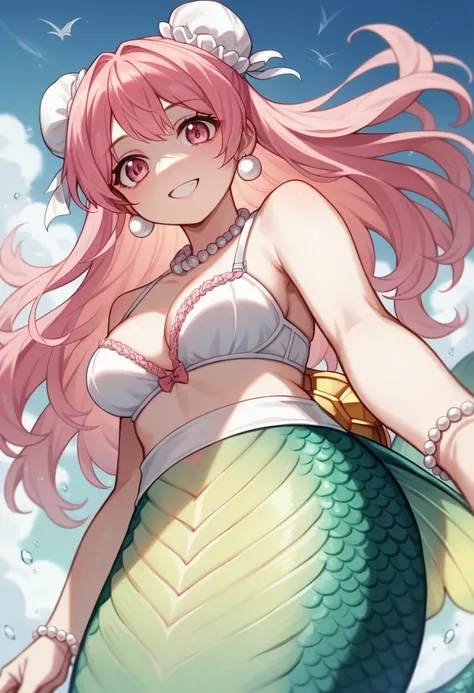 Very detailed, masterpiece, high quality, magically transformed into a mermaid、cute anthropomorphic mouse girl, Fantasy, Race change, smile, Anime Style, (((Long mermaid tail below waistline))), Pink pelvic fin and pink dorsal fin,(((pearl shell bra))), pe...