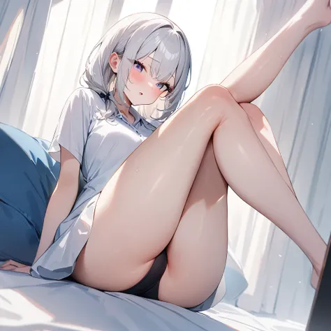 1 girl,Solo,White hair,lovely,masterpiece, best quality, very aesthetic,masterpiece, best quality, very aesthetic, absurdres,Thighs,legs,(Between:1.3)