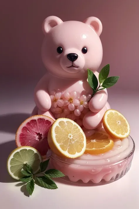 image of musse jelly in pink tones with decoration of fruits and a bear ), From soft floral notes to fresh citrus fragrances, each soap, 6k,UHD,HDR,professional lighting, 64k wallpaper, vivid colors