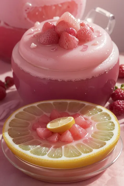 image of musse jelly in pink tones with decoration of fruits and a bear ), From soft floral notes to fresh citrus fragrances, each soap, 6k,UHD,HDR,professional lighting, 64k wallpaper, vivid colors