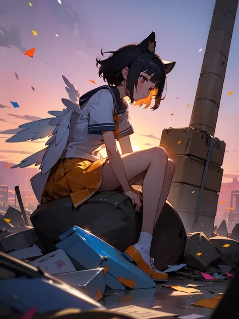 sideview,独奏,high school girl、Transparent white wings、Sitting on a rock、Orange and purple evening sky、A pile of discarded garbage、Looking at the sky、Graffiti、Confetti、