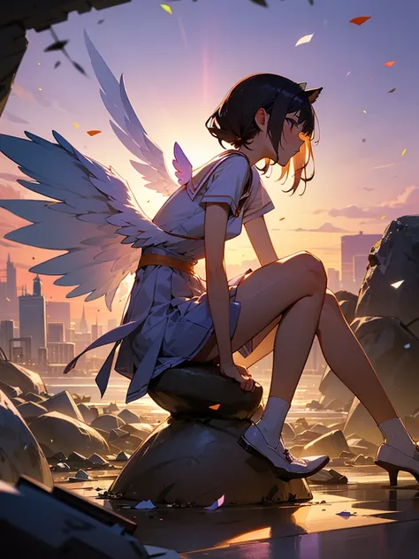 sideview,独奏,high school girl、Transparent white wings、Sitting on a rock、Orange and purple evening sky、A pile of discarded garbage、Looking at the sky、Graffiti、Confetti、