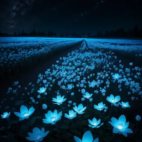 there are many white flowers in the dark with a black background, glowing flowers, luminous flowers, beautiful blue lights, glowing blue, bioluminescent plants, night sky full of flowers, by Bruce Munro, blues. beautiful, ethereal blue lighting, blue light...