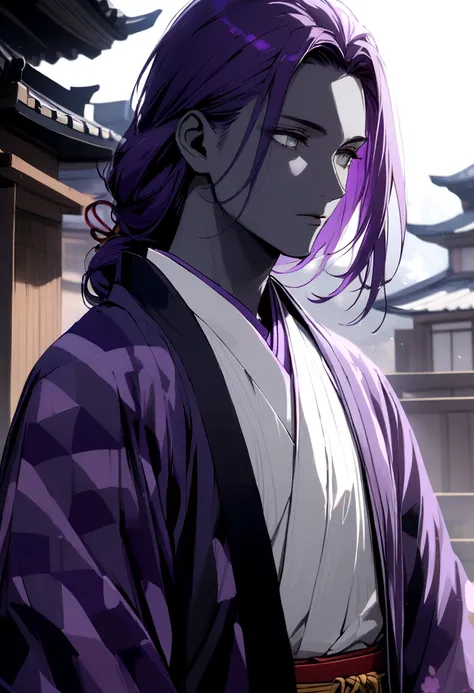 Traditional Japanese clothing, long purple hair, gray eyes and black skin, white and purple kimono