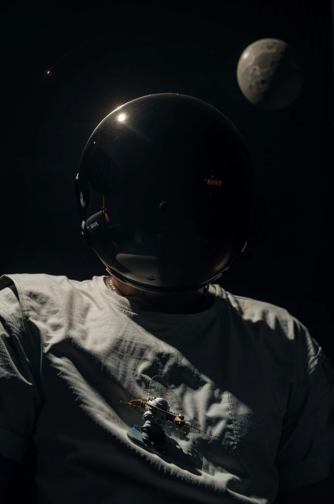 floating astronaut in a shirt that says roby is fishing for the moon in space on a dark black background