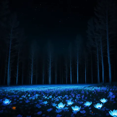 there are many white flowers in the dark with a black background, digital art by Bruce Munro, flickr, conceptual art, glowing flowers, luminous flowers, beautiful blue lights, glowing blue, bioluminescent plants, night sky full of flowers, blues. beautiful...