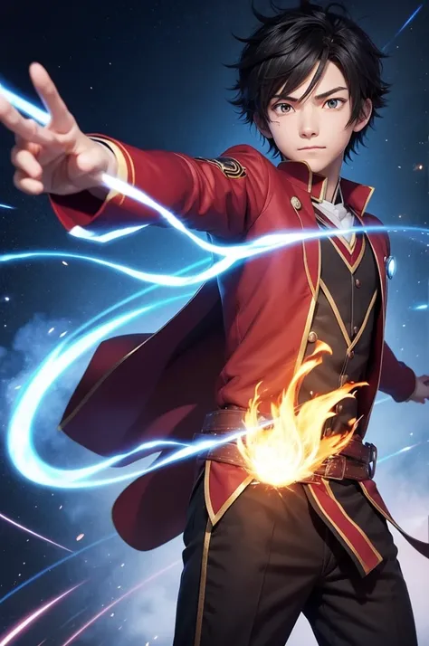 Raise a magic student boy, using your fire powers, with the image having 2D anime features