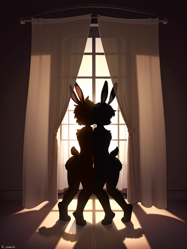 In a house , rabbit ear couple silhouette , (Shadows seen through the curtains:1.4) , nudity , erotica , Kama Sutra , porn , doggy style