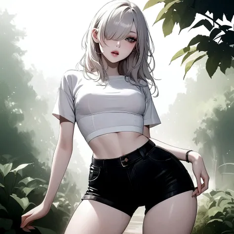 Girl, K-pop, nature background , beautiful, ethereal, Korean, hot, pale skin, defined lips, curves, korean, albino, gray eyes, crop top, shorts, slim, pretty, delicate, sexy, seductive, playful, solo, (Hair Over One Eye), feminine