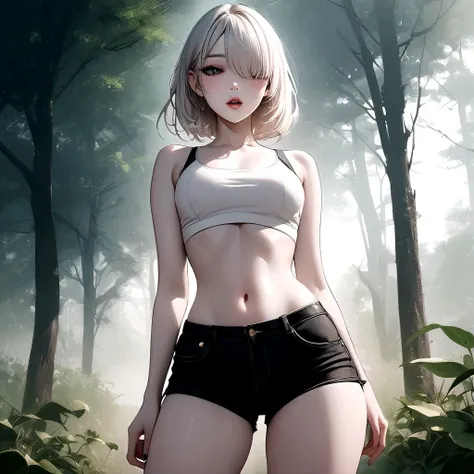 Girl, K-pop, nature background , beautiful, ethereal, Korean, hot, pale skin, defined lips, curves, korean, albino, gray eyes, crop top, shorts, slim, pretty, delicate, sexy, seductive, playful, solo, (Hair Over One Eye), feminine