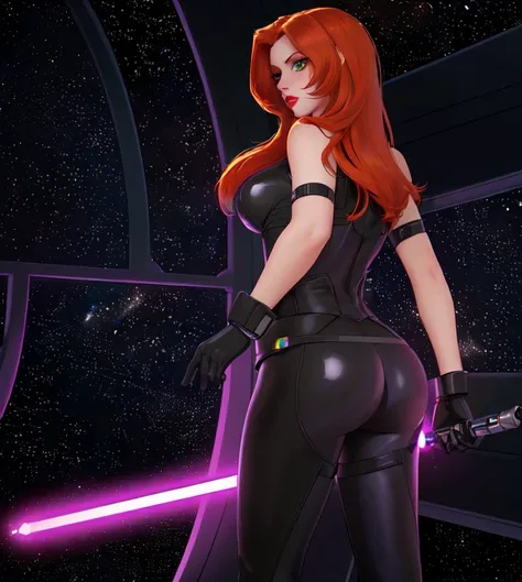 Digital Art, masterpiece, ultra-detailed, physically-based rendering, vintage science fiction, Star Wars based environment, extremely detailed face, long eyelashes, (Mara Jade), Mara Jade Skywalker, long orange hair, bright green eyes, red lipstick, attrac...