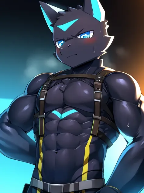 Thin macho　western black dragon　　abs　　　　　Hollow abs　　body suit　　thick arms　　　chest rig　　　、sweaty　　　skin glow　　profile　　Wearily　short of breath　　  　Chemo shota　　
have a 　blue eyes　Tired look 　ラバースーツ