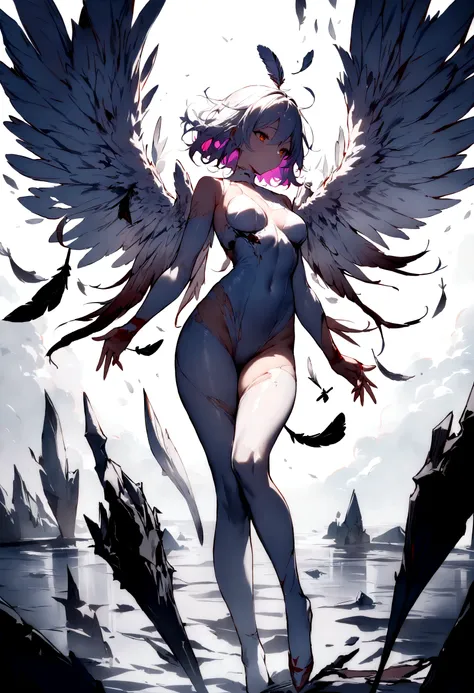 (masterpiece:1.1), (best quality:1.1), (Vibrant colors:1.1), (Solitary:1.2), (1 Girl:1.0), ((weightlessness，Falling posture))，((Broken lens)), (stocking:1.0), (（Broken feather wings）),Angel Wings， (fallen Angel)，Torn light-colored clothing，White feather