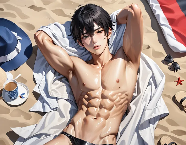 high quality, detailed, Realistic, (one 16 years old japanese boy), (detailed black eyes), (abs:1.5), (shiny skin), detailed nipples, black hair, (black tiny thong), (erected bulge), summer beach, (smile:0.9), laying, sweat,