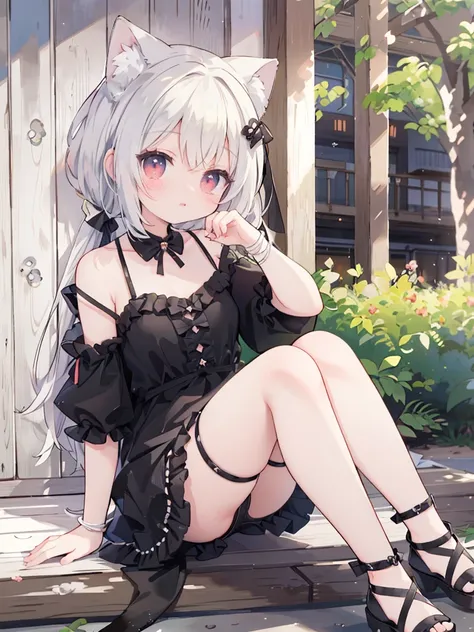 Wearing a black dress on the beach、Long white hair、Anime girl in black shoes, very beautiful anime cat girl, , beautiful anime cat girl, at the beach, cute anime cat girl, Sitting beautiful anime girl wariza, At the beach, seductive anime girl, on the beac...