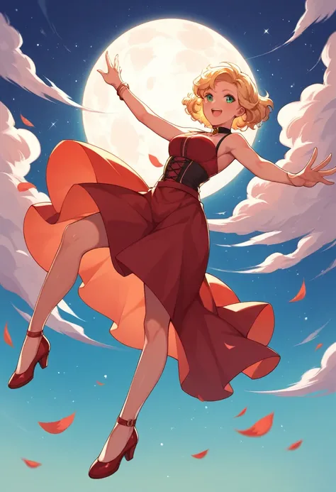 Create a dreamy, romantic, and ethereal scene. Picture a woman in a short red dress with short curly blonde hair, riding on a moon cloud and gracefully walking on a whirlpool. Her serene face is in the sky with the moon reflected in her eyes. The backgroun...