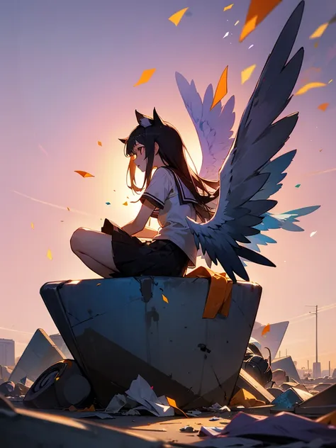 sideview,独奏,high school girl、Transparent white wings、Sitting on a rock、Orange and purple evening sky、A pile of discarded garbage、Looking at the sky、Graffiti、Confetti、